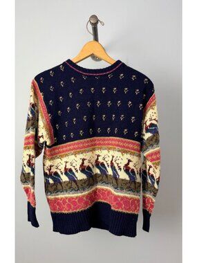 Vintage Knit Sweater The Import Workshop Size Small Navy Multicolor Bird Pattern